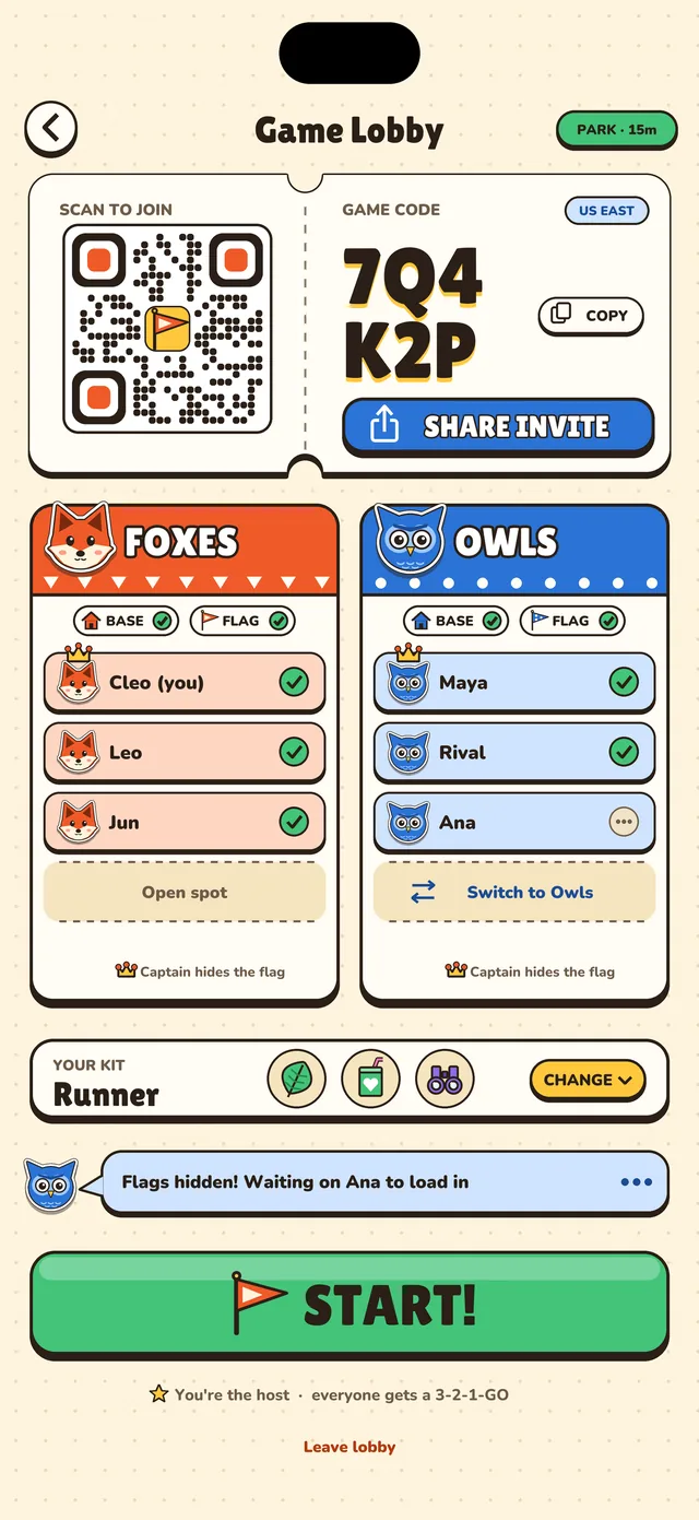 The Foxes & Owls lobby: a QR code to scan, the game code 7Q4 K2P with a Share Invite button, and the Foxes and Owls rosters.